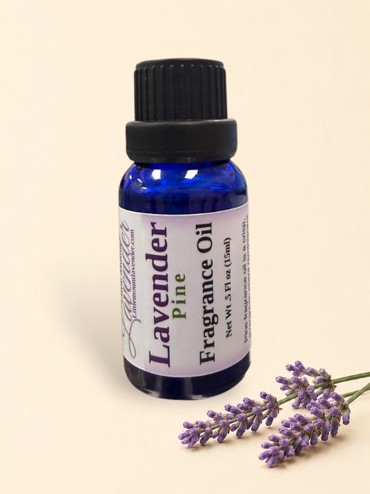 Little Mount Lavender Lavender Pine fragrance oil in a 15ml cobalt blue glass bottle with a black screw cap.
