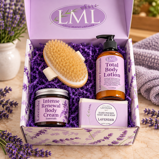 Men’s Lavender Self-Care Gift Set with Total Body Lotion, Intense Renewal Body Cream, lavender goat milk soap and wooden body brush in gift box