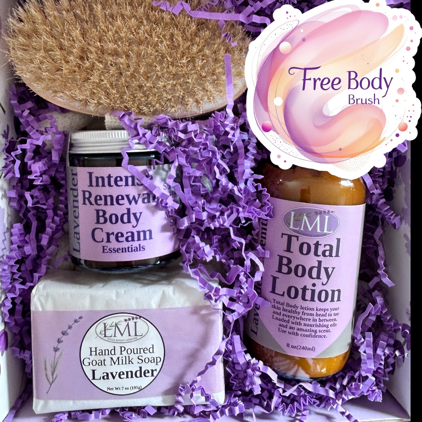 Little Mount Lavender men's self-care gift set with goat milk soap, body lotion, cream, and a free body brush.