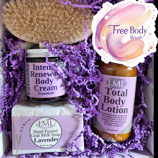 Little Mount Lavender men's self-care gift set with goat milk soap, body lotion, cream, and a free body brush.