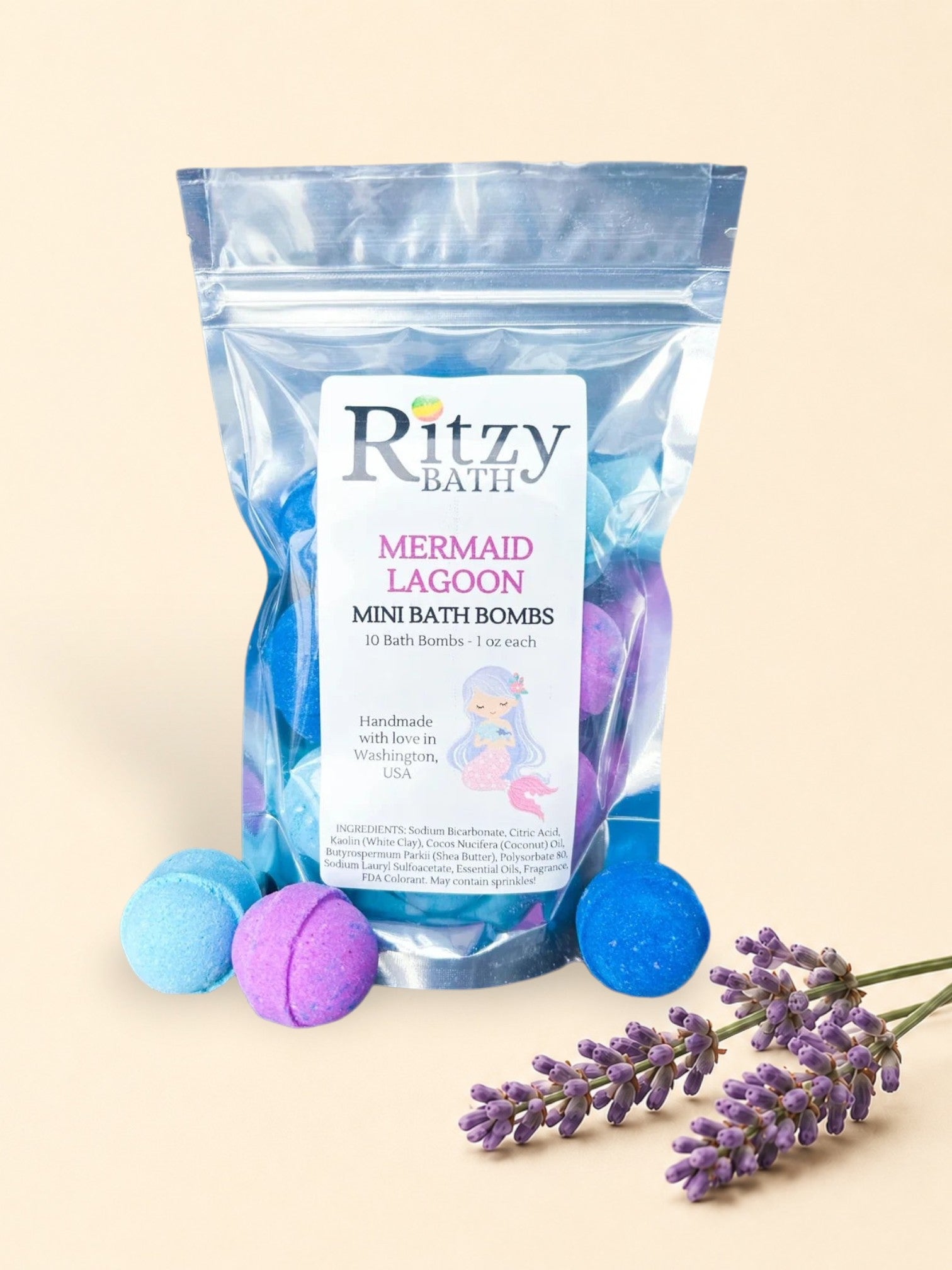 Little Mount Lavender Ritzy Bath Mermaid Lagoon mini bath bomb set in a clear pouch with blue and purple spheres
