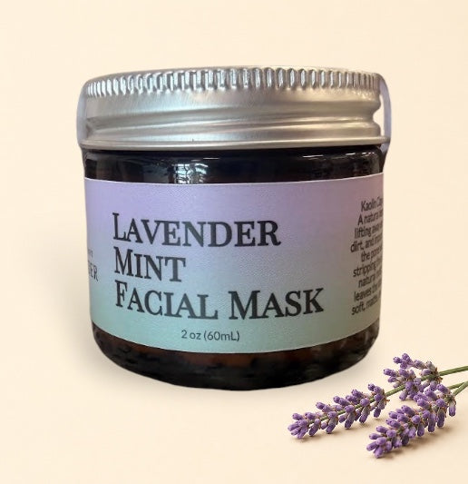 Little Mount Lavender Mint Facial Mask in a 2 oz amber glass jar with a silver lid for deep pore cleansing.