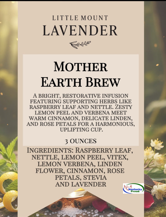 Little Mount Lavender Mother Earth Brew herbal tea label featuring ingredients like lavender, lemon, and cinnamon.