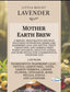 Little Mount Lavender Mother Earth Brew herbal tea label featuring ingredients like lavender, lemon, and cinnamon.