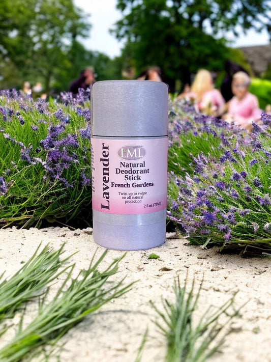 Little Mount Lavender French Garden natural deodorant in a biodegradable wheat straw twist-up container in a lavender field