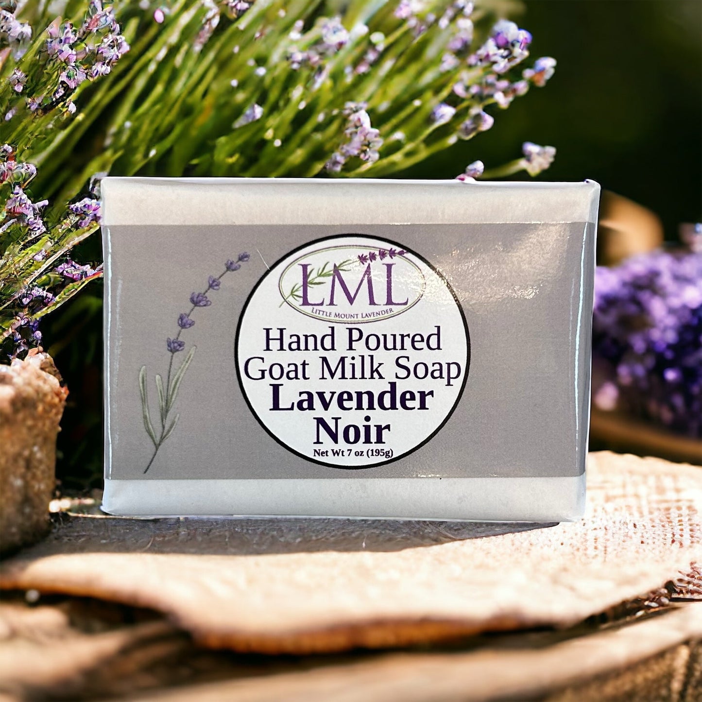 Little Mount Lavender Noir goat milk soap bar with lavender scent, handcrafted for soothing skincare.