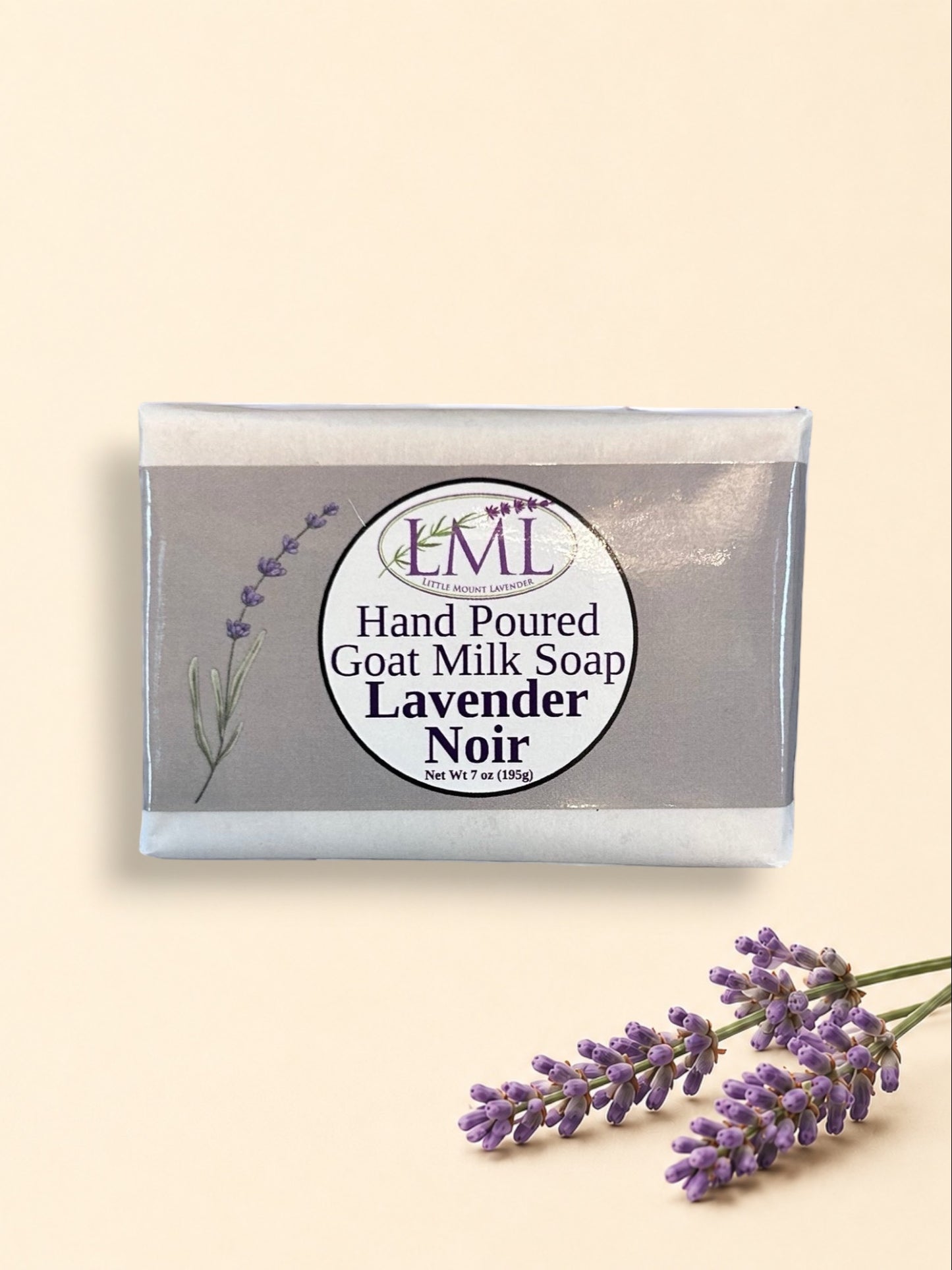 Little Mount Lavender Noir goat milk soap bar with lavender scent, handcrafted and wrapped in elegant packaging.