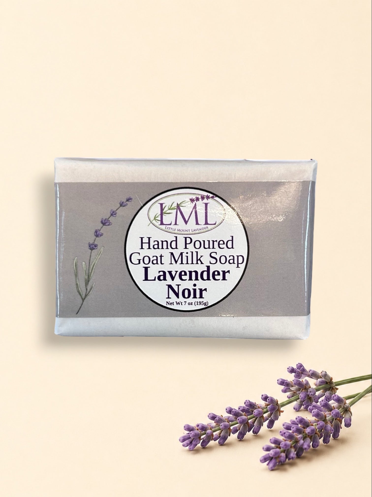 Little Mount Lavender Noir goat milk soap bar with lavender scent, handcrafted and wrapped in elegant packaging.