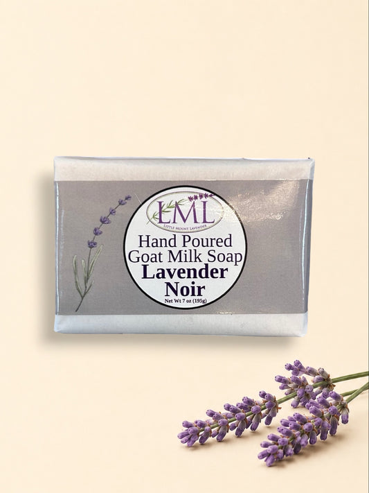 Little Mount Lavender Noir goat milk soap bar with lavender scent, handcrafted and wrapped in elegant packaging.
