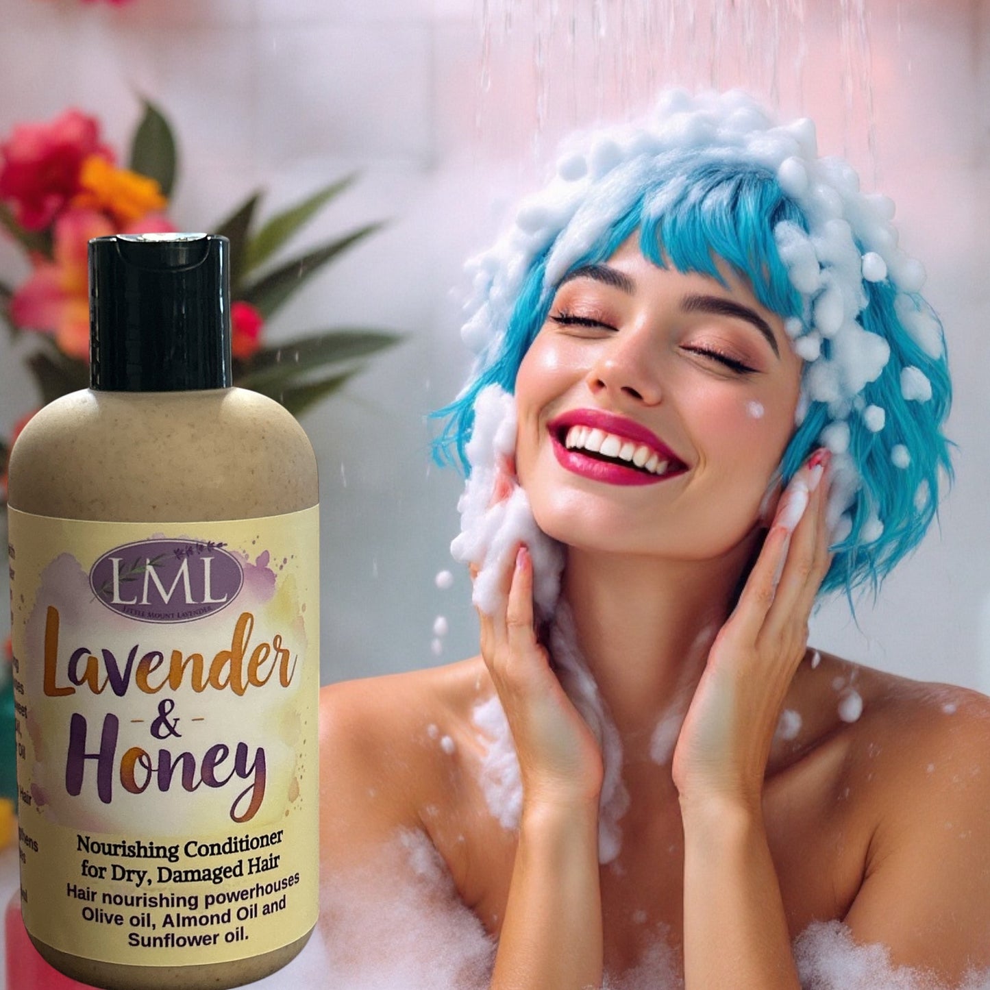Little Mount Lavender nourishing conditioner bottle next to a woman with blue hair lathering in a shower.