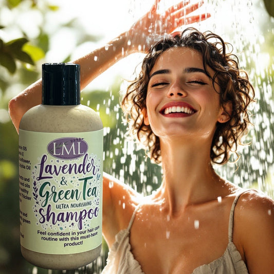 Little Mount Lavender ultra nourishing shampoo bottle with organic green tea and lavender extracts in a shower setting.