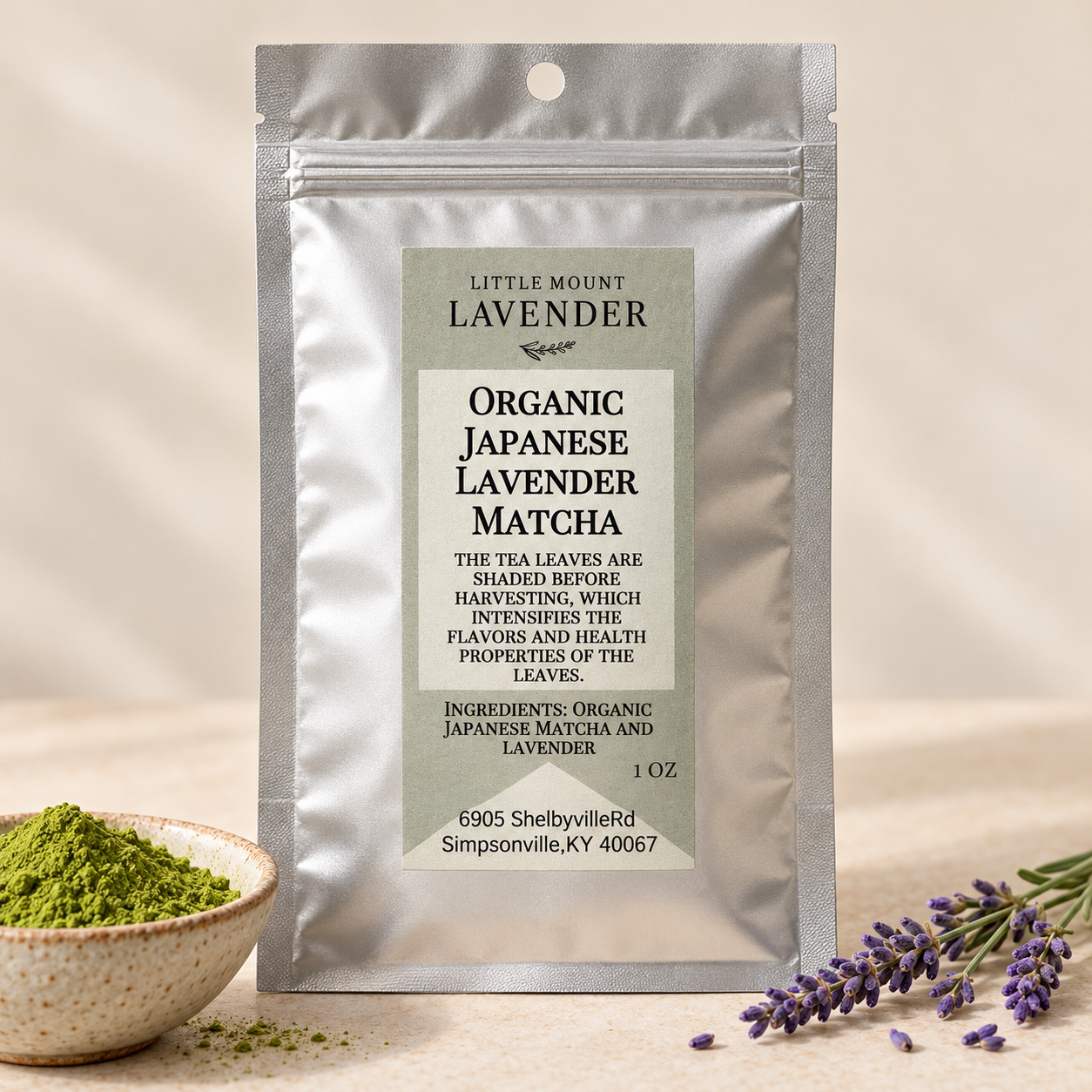 Organic Japanese Lavender Matcha silver 1 oz pouch with green matcha powder and lavender