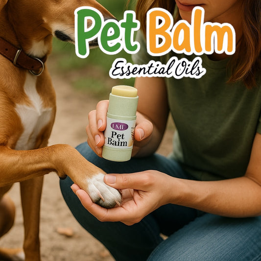 Little Mount Lavender Pet Balm stick being applied to a dog's paw by a person outdoors