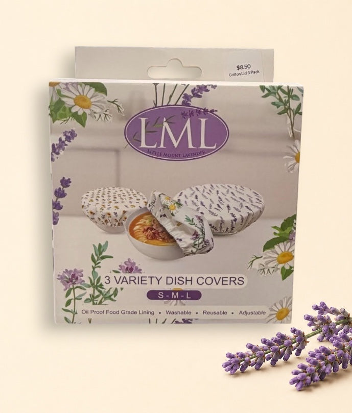 Little Mount Lavender 3-piece reusable dish cover set in floral lavender and daisy print packaging