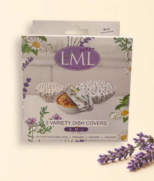 Little Mount Lavender 3-piece reusable dish cover set in floral lavender and daisy print packaging