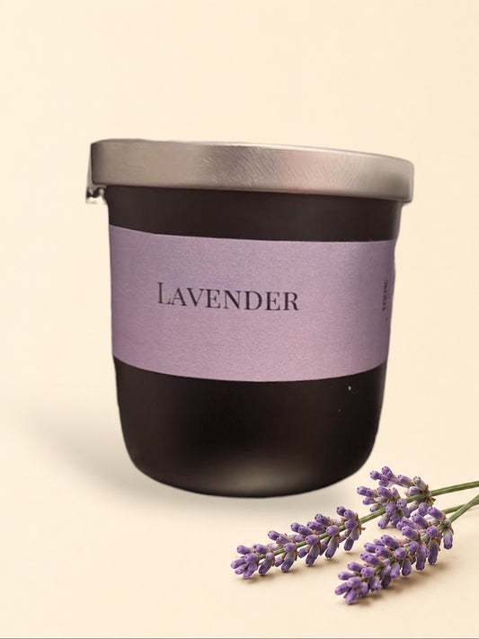 Little Mount Lavender scented candles in matte black and white jars with brushed silver lids and lavender labels