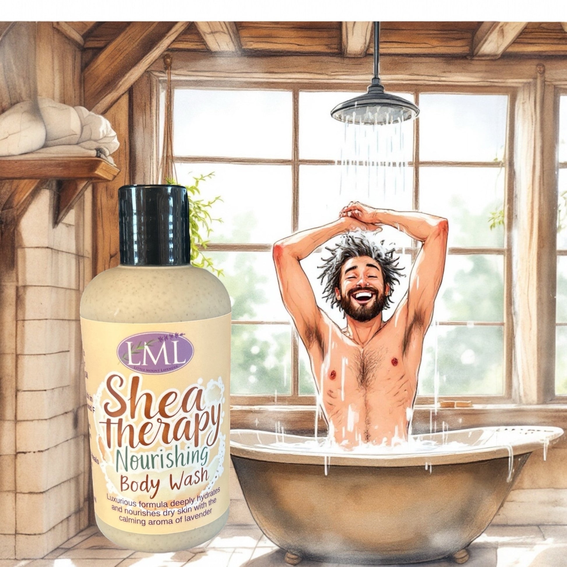 Little Mount Lavender Shea Therapy body wash with shea butter and jojoba in a rustic bathroom with a man showering.
