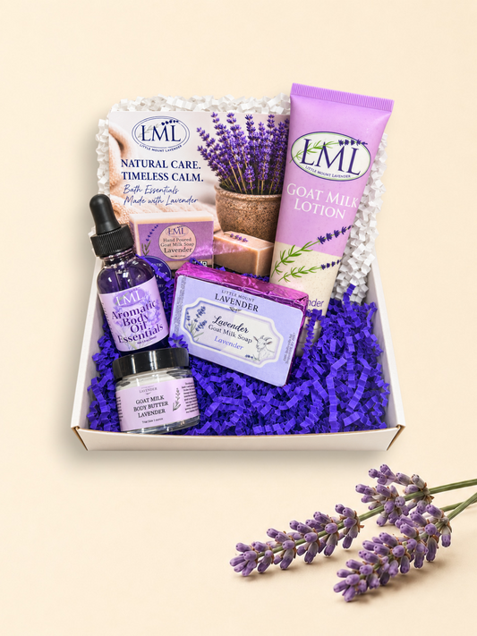 Lavender skincare sampler box with goat milk lotion, body oil, wrapped soap and body butter.