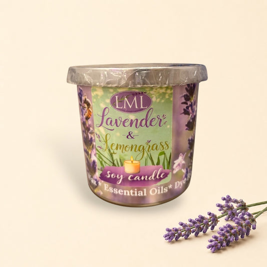 Little Mount Lavender soy candle with lavender and lemongrass scent in a decorative glass jar on a wooden surface.