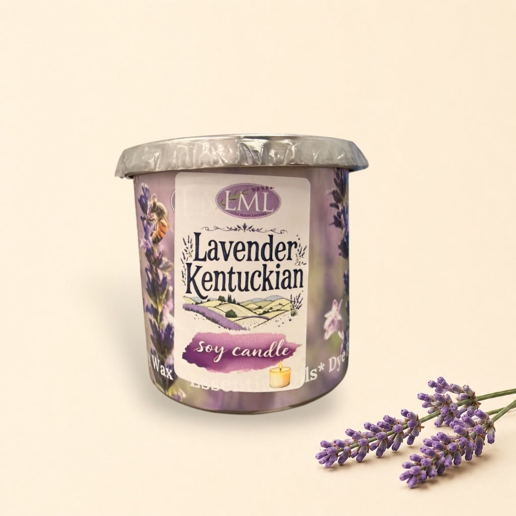 Little Mount Lavender 10 oz soy candle with spicy vanilla tobacco scent in a reusable glass jar on a wooden coaster.