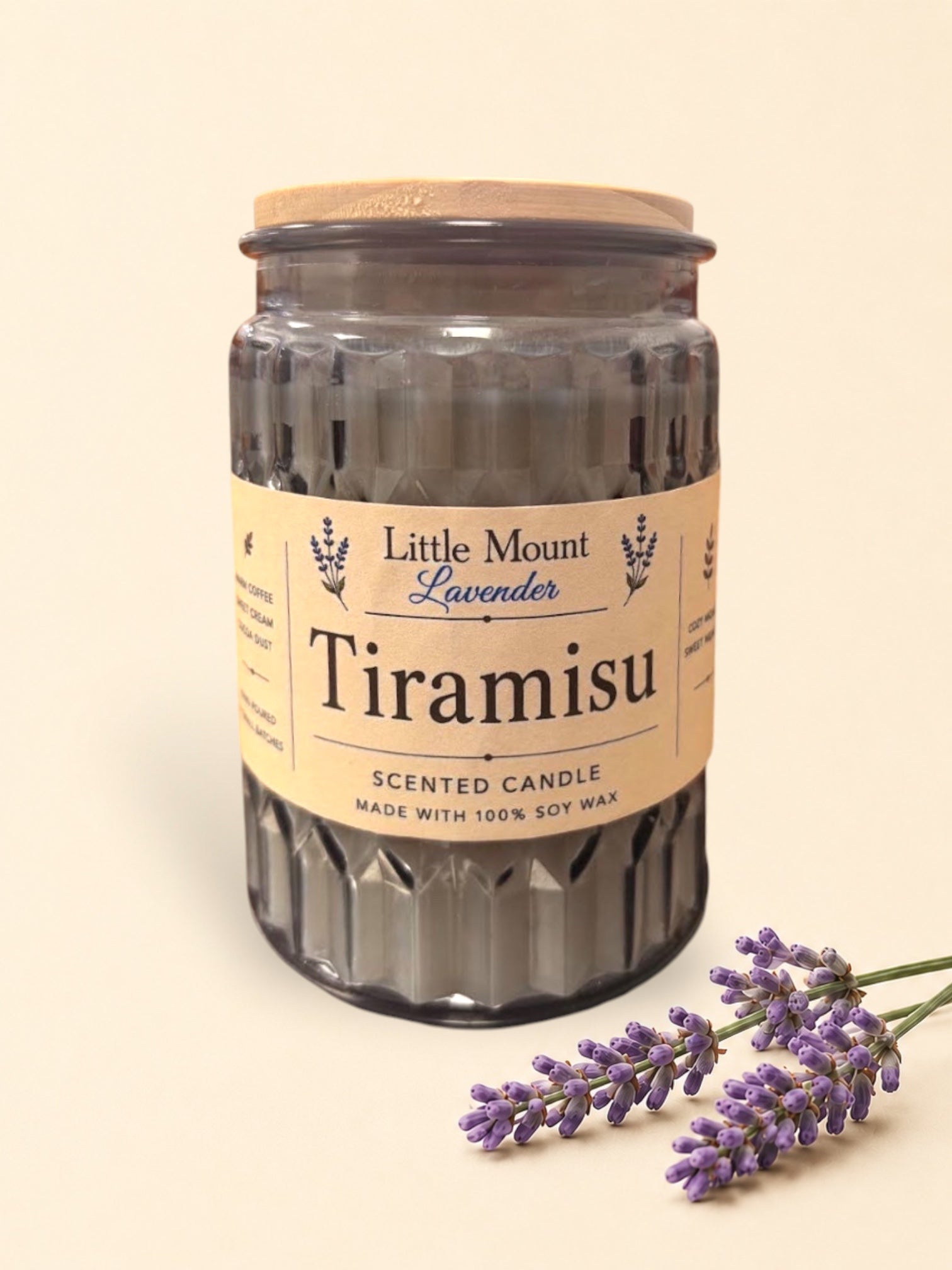 Little Mount Lavender Tiramisu scented soy wax candle in a textured glass jar with a natural bamboo lid.