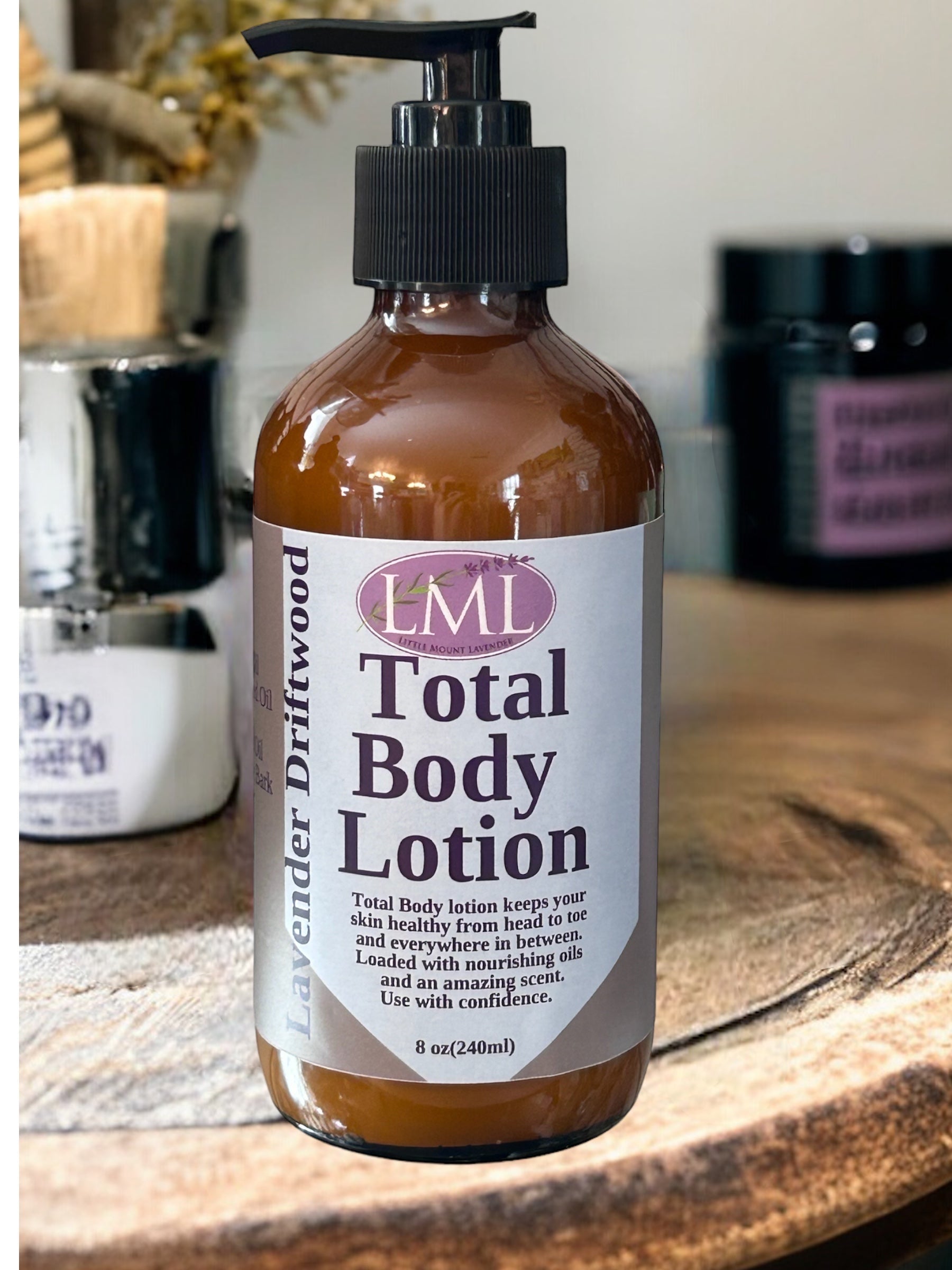 Little Mount Lavender Total Body Lotion in an 8oz amber bottle with a black pump dispenser for natural hydration.