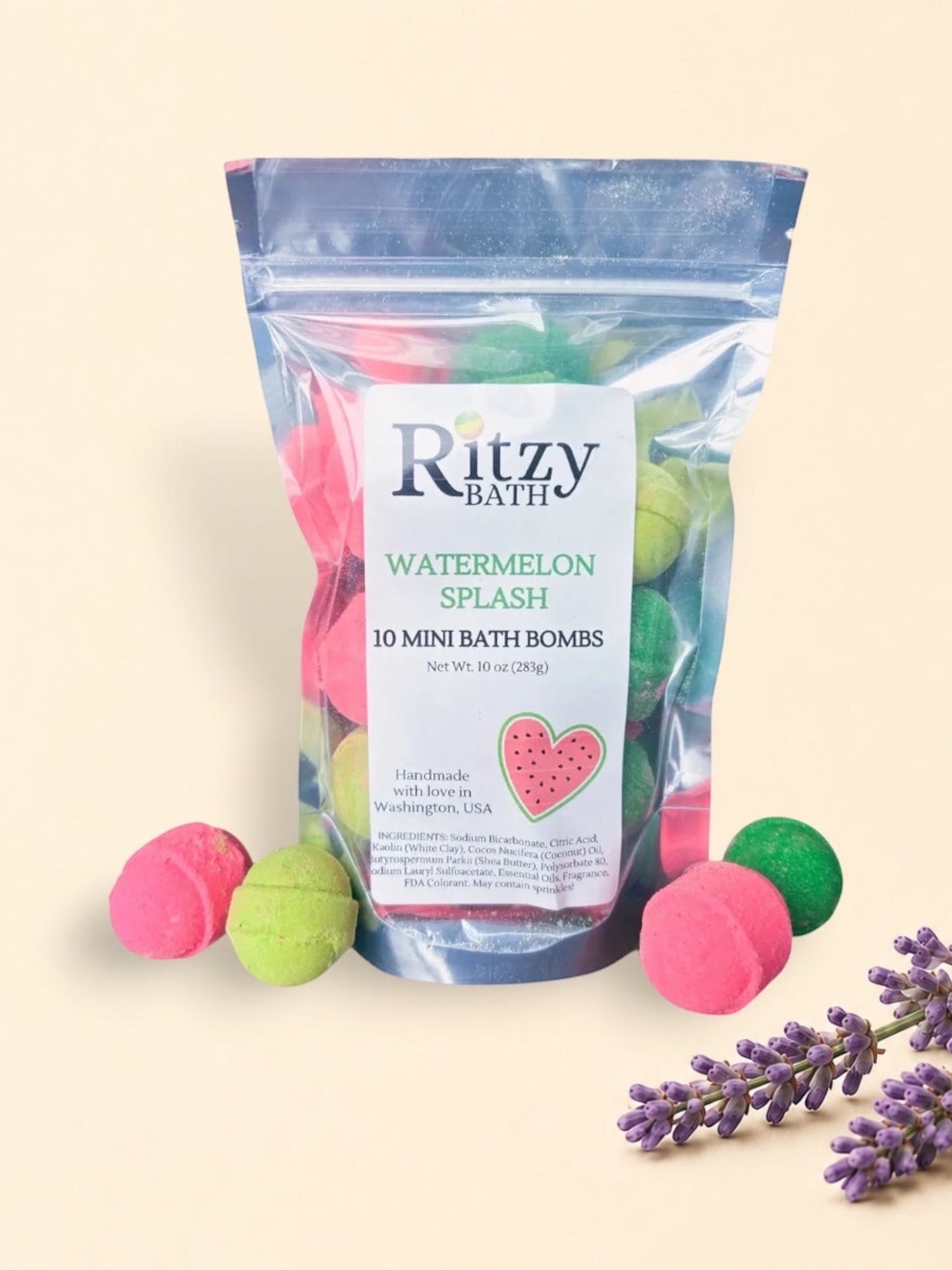 Little Mount Lavender Ritzy BATH Watermelon Splash mini bath bombs in a clear pouch with pink and green spheres.