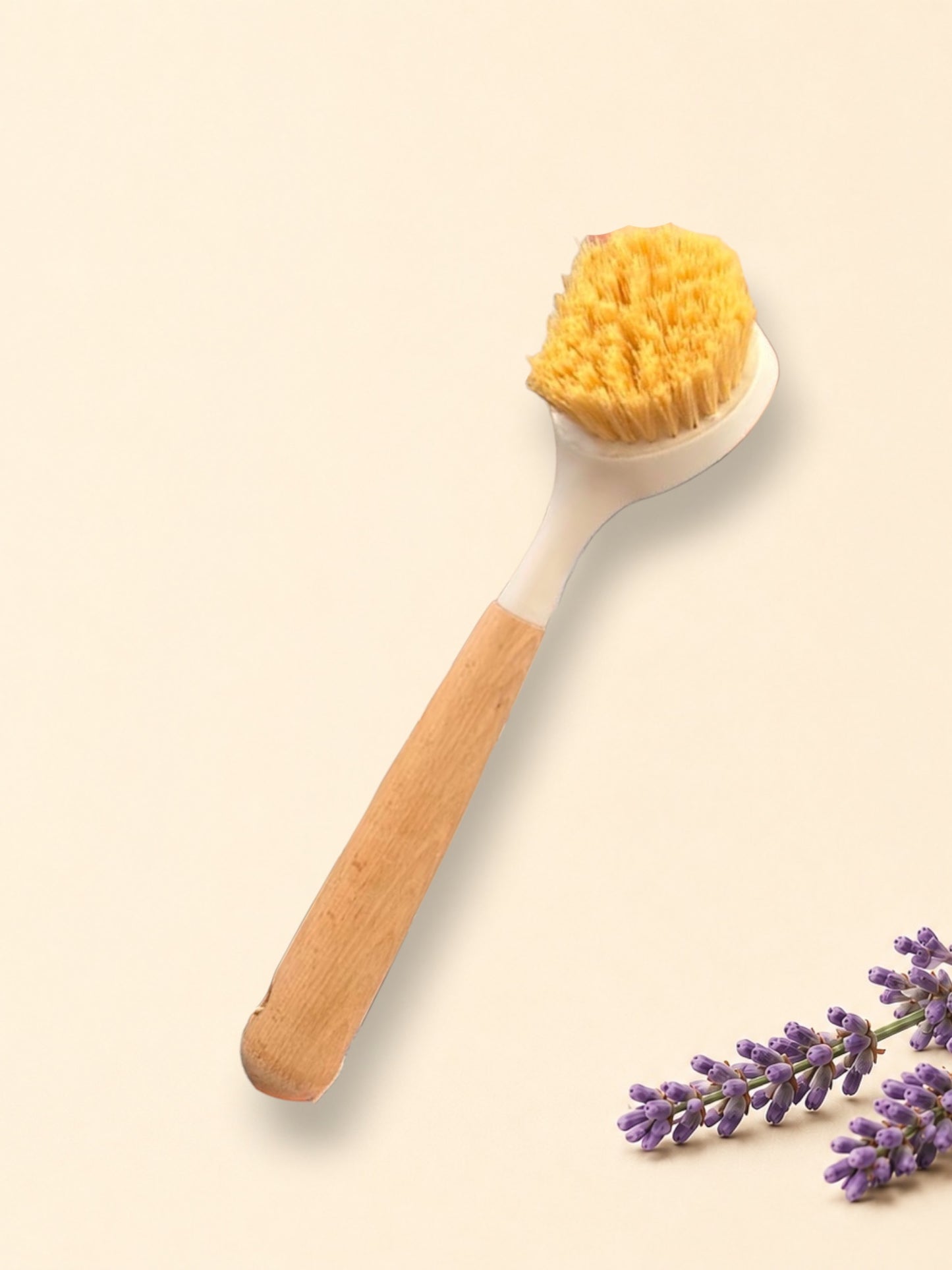 Little Mount Lavender long handled dish brush with a natural wooden handle and stiff bristles for kitchen cleaning.