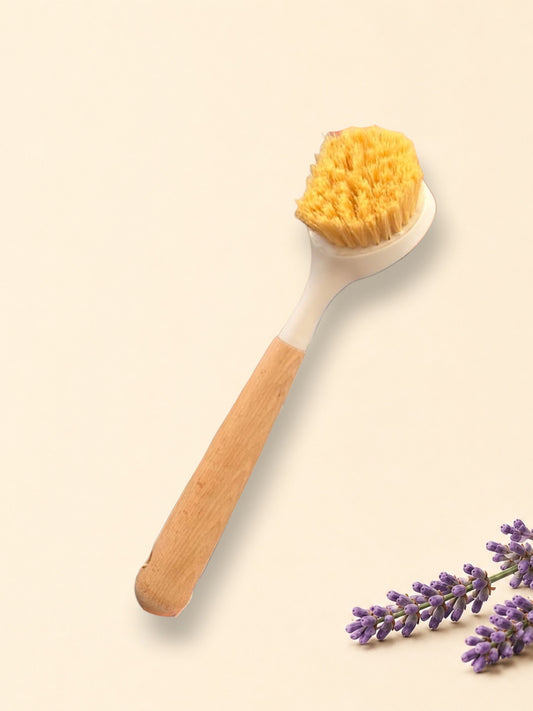 Little Mount Lavender long handled dish brush with a natural wooden handle and stiff bristles for kitchen cleaning.