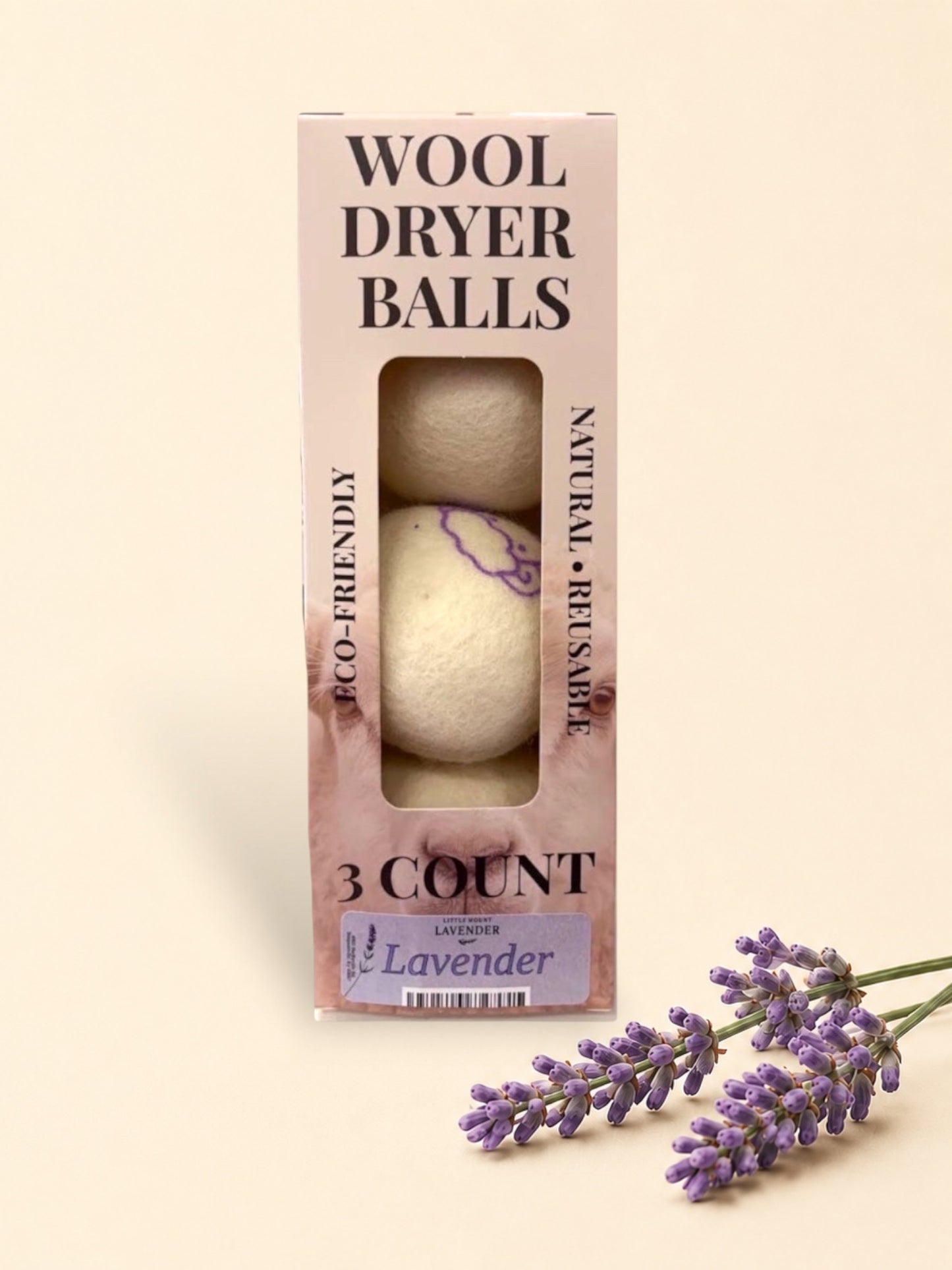 Little Mount Lavender wool dryer balls set of three in eco-friendly packaging with a sheep illustration