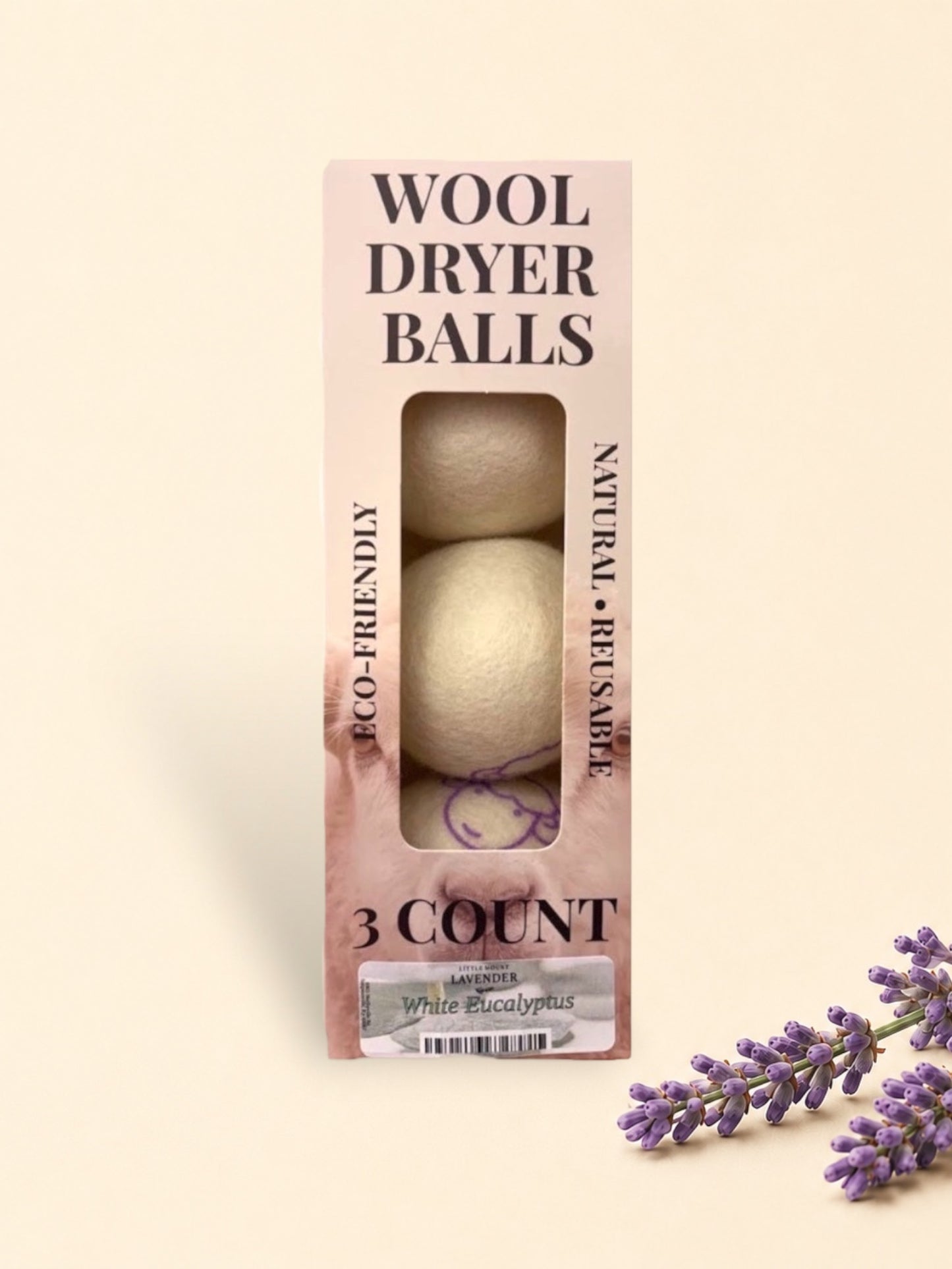 Little Mount Lavender set of three natural wool dryer balls in white eucalyptus scent, eco-friendly laundry accessory