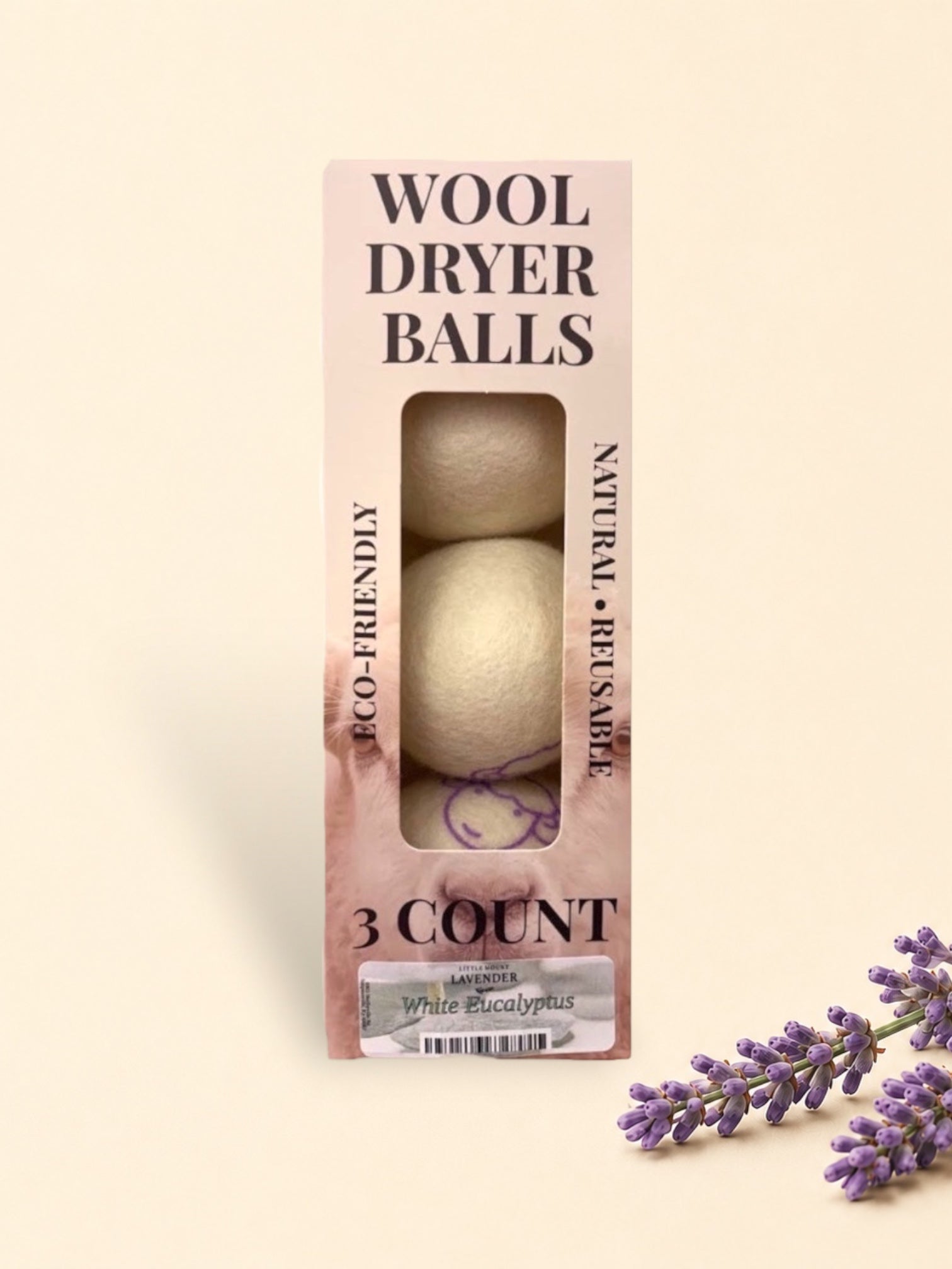 Little Mount Lavender set of three natural wool dryer balls in white eucalyptus scent, eco-friendly laundry accessory