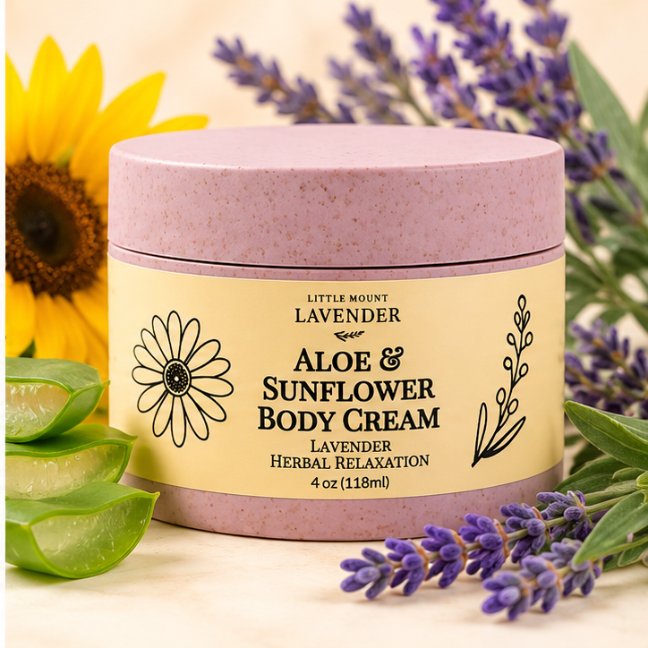 Little Mount Lavender Aloe and Sunflower Body Cream Lavender Herbal Relaxation 4 oz pink jar on cream background with botanicals