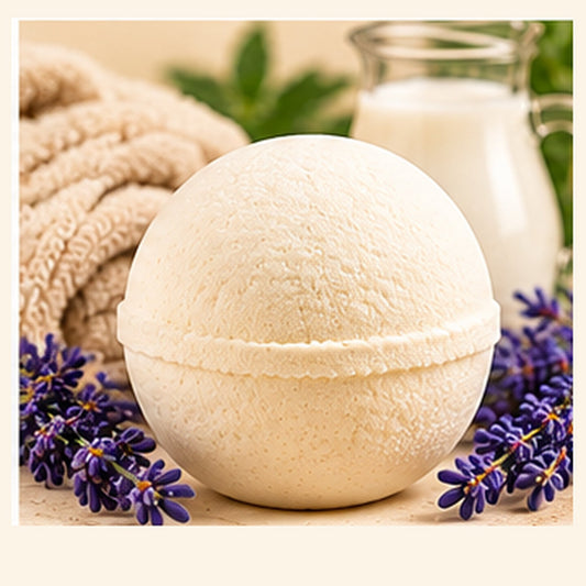 Unwrapped Lavender Goat Milk Cashmere Bath Bombs on cream background with natural accents