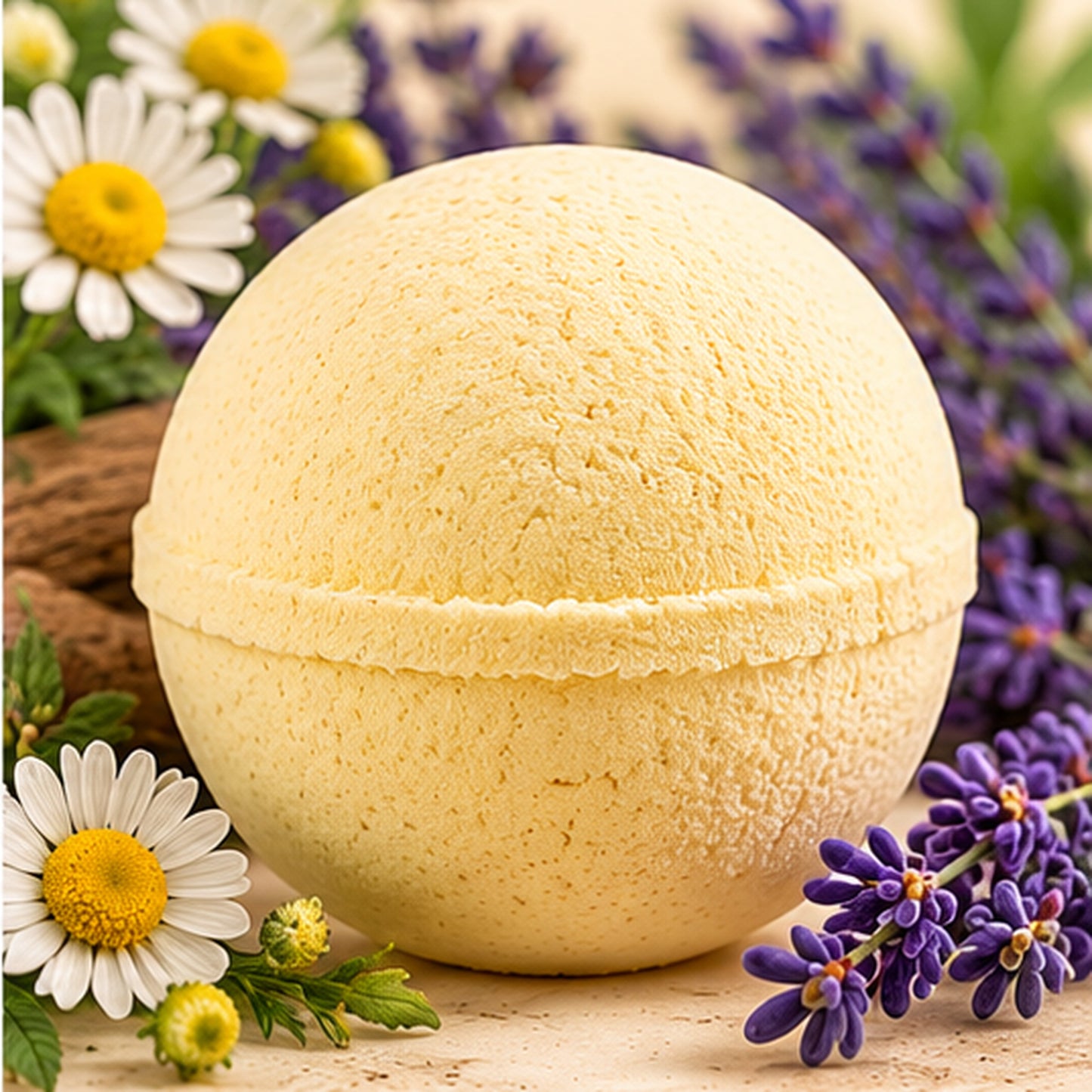 Plain unwrapped lavender chamomile bath bomb with chamomile blossoms on cream background