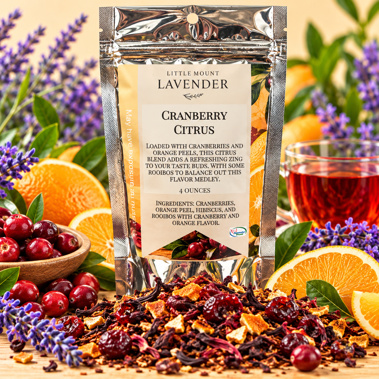 Little Mount Lavender Cranberry Citrus 4 ounce loose leaf tea silver pouch with cranberries, orange, hibiscus and rooibos