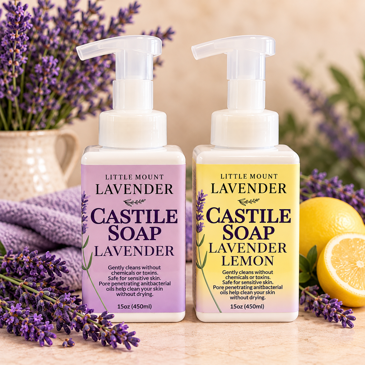 Little Mount Lavender Foaming Castile Soap on warm cream background with lavender accents