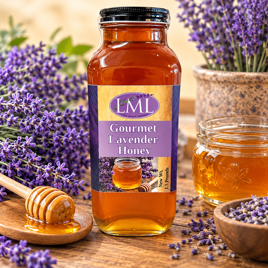 Little Mount Lavender Gourmet Lavender Honey 1.5 pounds amber bottle with lavender sprigs and honey dipper on warm cream background