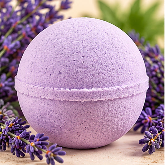 Plain lavender bath bomb on cream background