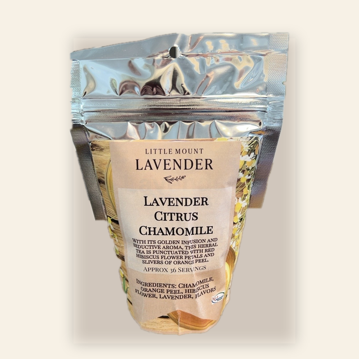 Little Mount Lavender Lavender Citrus Chamomile actual foil pouch with original label on cream background
