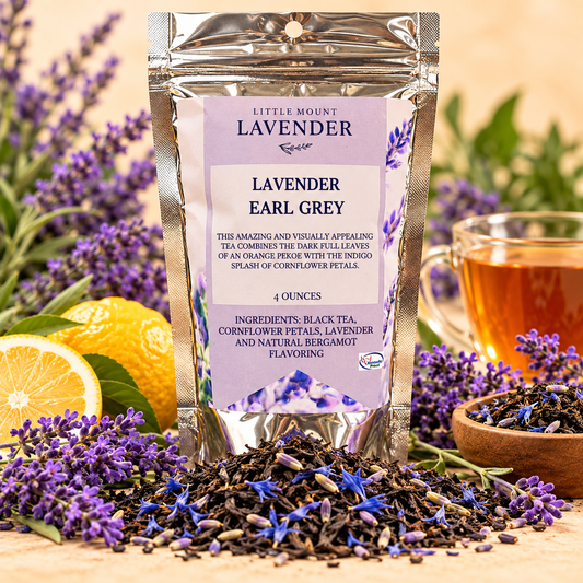 Little Mount Lavender Lavender Earl Grey silver tea pouch with black tea, lavender, cornflower petals and citrus on warm cream background