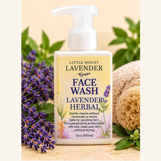 Lavender Herbal Face Wash 15 oz square white bottle with foaming pump on a cream background