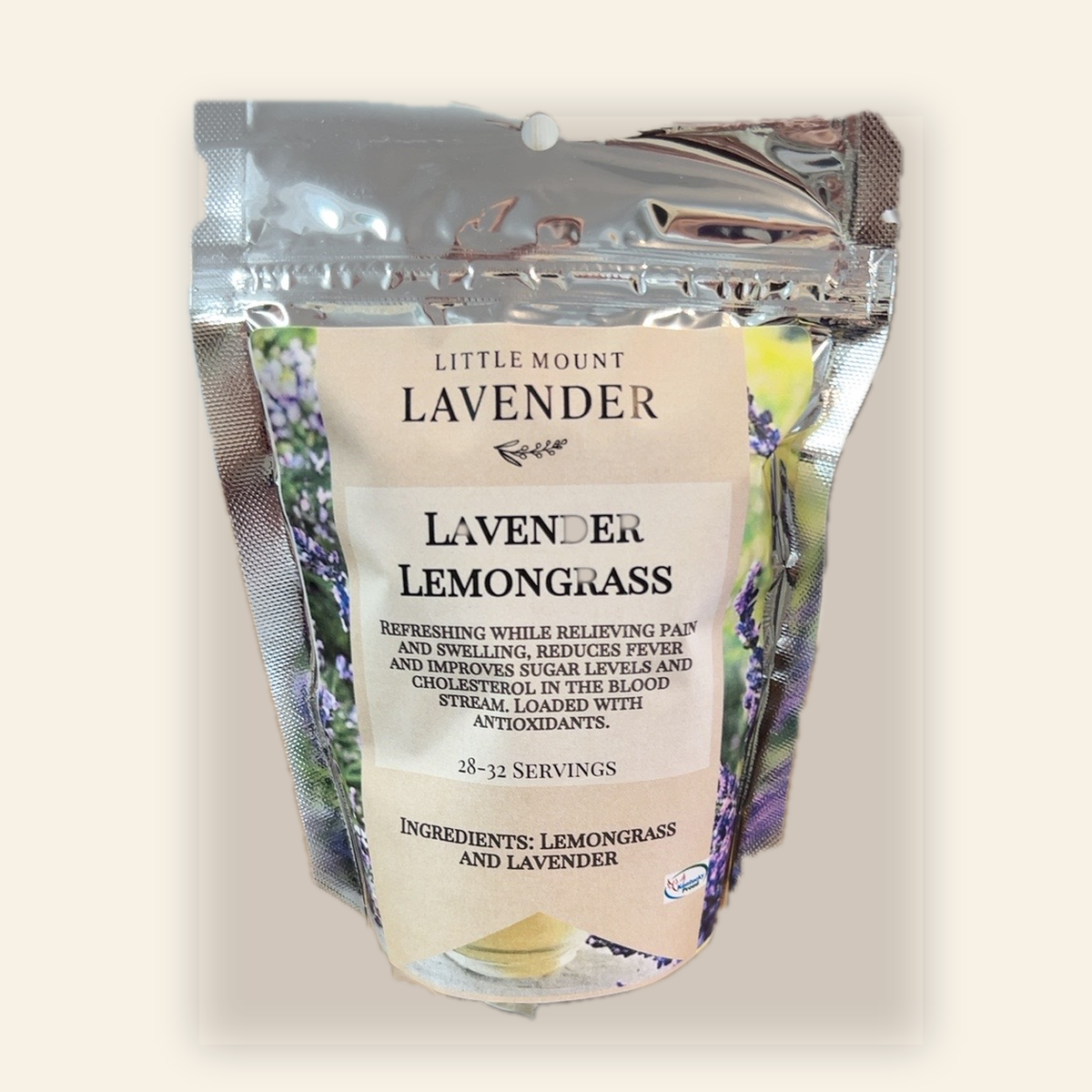 Little Mount Lavender Lavender Lemongrass original tea pouch label on cream background