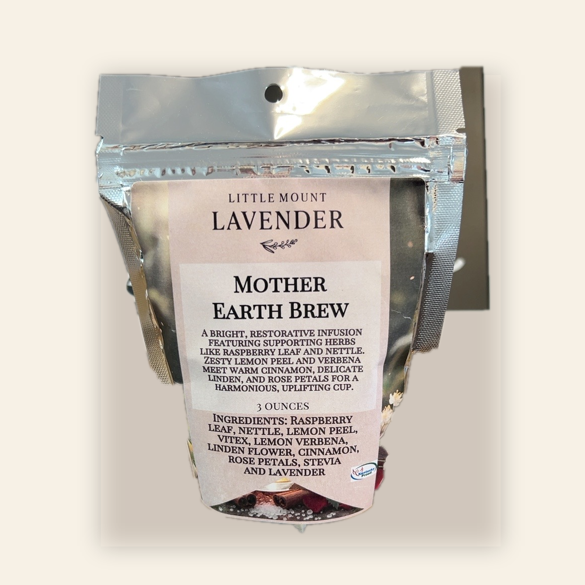 Little Mount Lavender Mother Earth Brew original tea pouch label on cream background