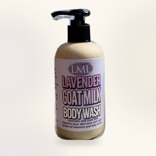 Actual Lavender Goat Milk Body Wash bottle with full black pump on cream background