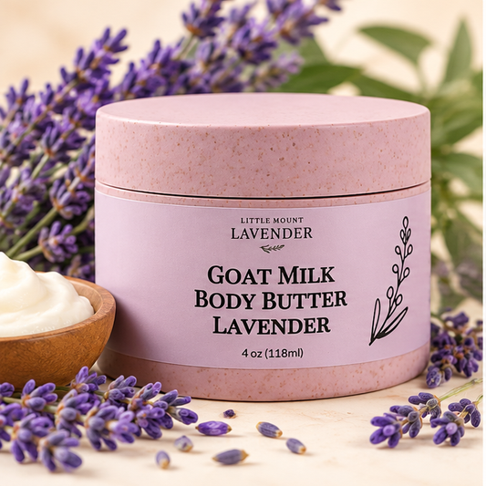 Goat Milk Body Butter Lavender 4 oz jar on cream background