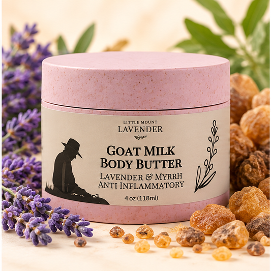 Goat Milk Body Butter Lavender and Myrrh 4 oz jar on cream background