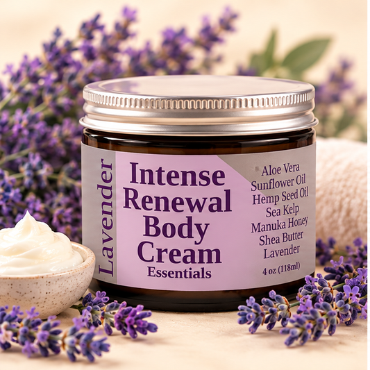 Intense Renewal Body Cream Lavender Essentials jar on cream background