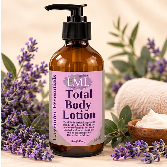 Total Body Lotion Lavender Essentials 8 oz amber pump bottle