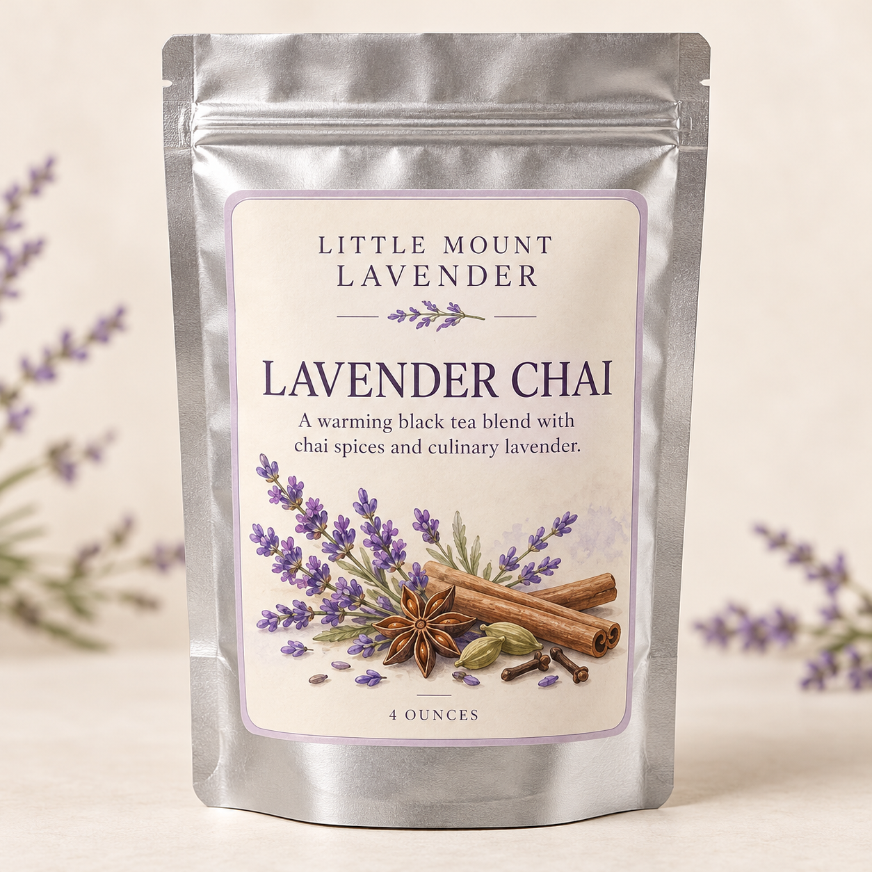 Little Mount Lavender Lavender Chai tea on cream background